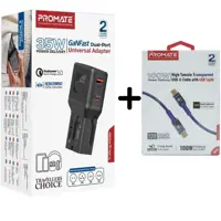 Promate Gan Fast Dual Port Universal Adapter 35w & High Tensile Transparent Usb C Cable With Led Light 100w